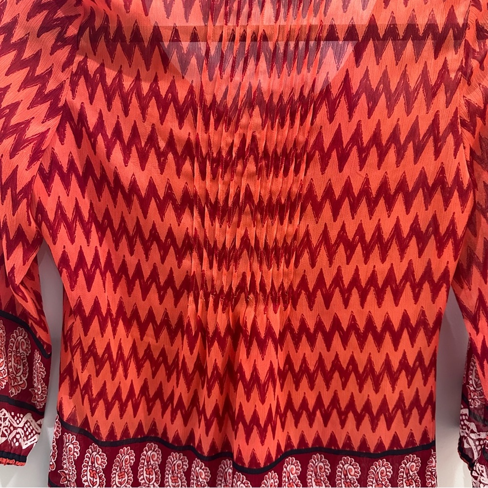 Lucky Brand Sheer Orange & Red Zigzag Boho Blouse size XS - Picture 7 of 8